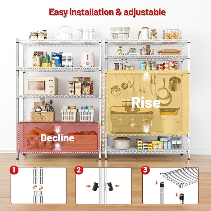 REIBII 5 Tier Metal Shelving Storage Shelves, 71''H Adjustable Wire Shelves Garage Shelving Unit for Kitchen, Pantry, Laundry Room, Warehouse, Office, 71H X 35.5W X 14D, Chrome - Image 6