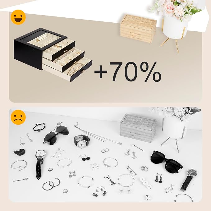Jewelry Box with Glass Lid, 3-Layer Jewelry Organizer for Women Girls, PU Leather Display Case with 20-Grid Earring Tray & Movable Dividers for Necklaces Rings,Black - Image 7