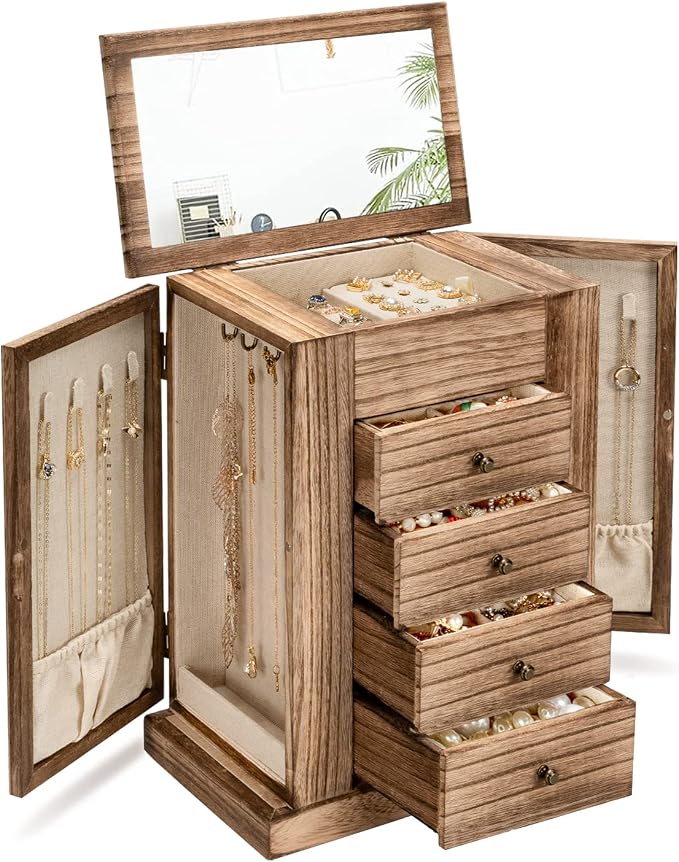 Emfogo Jewelry Box for Women, 5 Layer Large Wood Boxes & Organizers for Necklaces Earrings Rings Bracelets, Rustic Organizer with Drawers and Mirror(Carbonized Black) by Emfogo