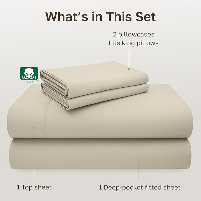 California Design Den King Size Sheets Set - 600 Thread Count, 100% Cotton Sateen, Deep Pocket King Sheet Set, Soft and Durable Bedding - Beige