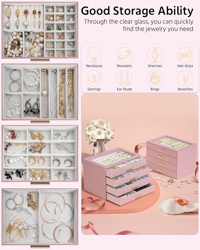 AKOZLIN Jewelry Box with Clear Lid Functional Leather Jewelry Storage Organizer Case 4 Drawers for Women Girls Necklace Ring Bracelet Earring - Image 2