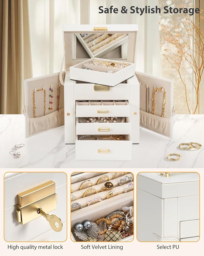 AKOZLIN 4-Tier Jewelry Box Leather Jewelry Storage Organizer with 3 Drawers Lockable for Women Girls Ring Necklace Earring Bracelet Holder with Mirror White - Image 6