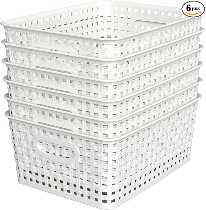 WYT Woven Plastic Storage Baskets, 6 Pack White Weave Bins Organizer, 10.1" x 7.55" x 4.1" by WYT