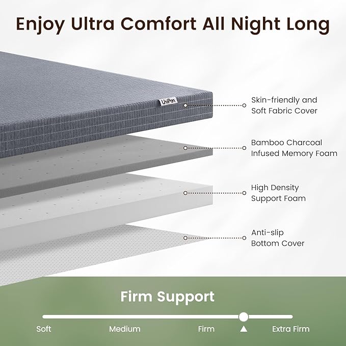 3 Inch Extra Firm Queen Mattress Topper with Cooling Gel & Bamboo Charcoal, Extra Firm Queen Memory Foam Mattress Topper for Pain Pressure Relief, CertiPUR-US Certified, Removable Cover