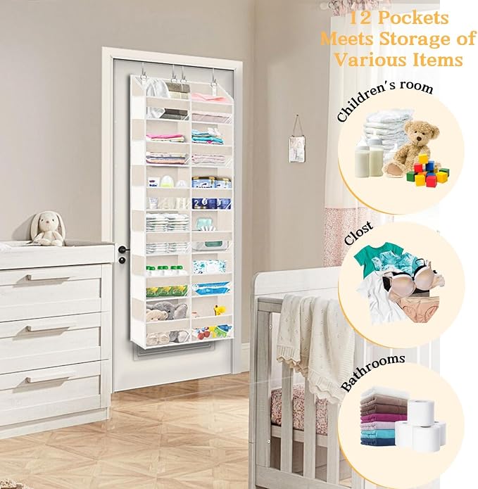 2 Pack Over The Door Organizer 6 Tiers, Extra Large Behind Door Storage of 12 Compartments, 80 lbs Weight Capacity Hanging Storage Organizer with Clear Window Kids Toys,Shoes (6 Tiers - Beige) - Image 6
