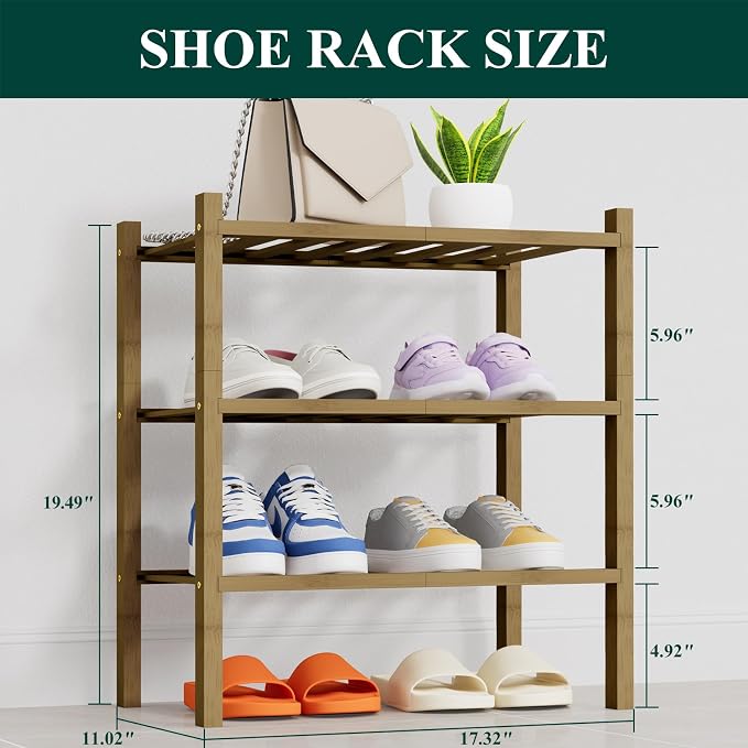 Smiry Shoe Rack, 3 Tier Thick Small Bamboo Shoe Organizer, Stackable Free Standing Wooden Shoe Storage Shelf for Closet, Entryway, Front Door Entrance, Walnut - Image 2