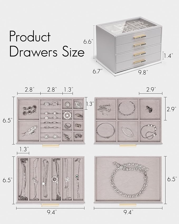 Vlando 4 Layer Jewelry Box for Women, Glass Lid Jewelry Organizer with 4 Drawers for Necklaces Rings Earrings Bracelets - Grey - Image 6