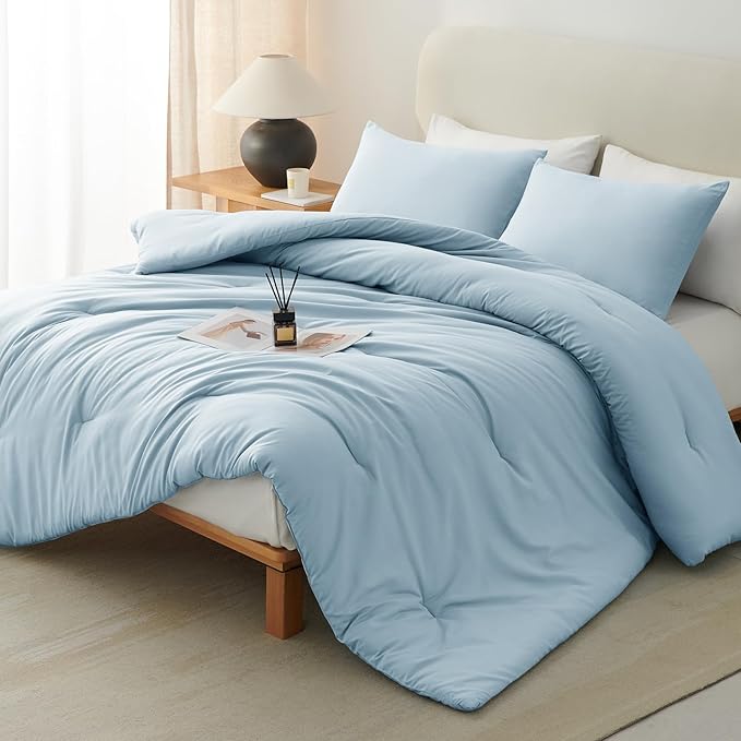CozyLux King Size Comforter Set Light Blue, 3 Pieces Solid Comforters King Size Breathable Quilted Bedding Sets, Luxury Soft Lightweight Bed Set with Down Alternative Comforter and 2 Pillowcases