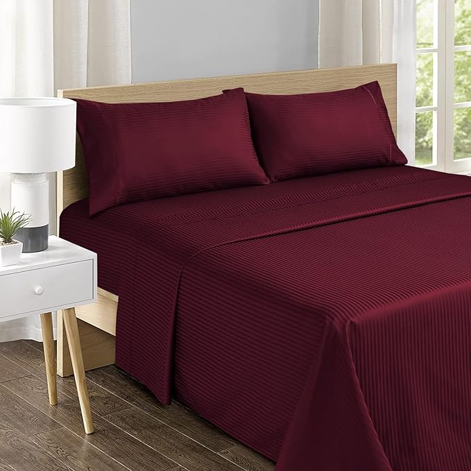 Feather & Stitch 500 TC King Size Damask Bed Sheet Set, 100% Cotton Soft Breathable Bedsheets, 4 Piece 18" Deep Pockets Sateen Weave Striped Bedding Mattress Resort Hotel Luxury- (Burgundy Stripe)