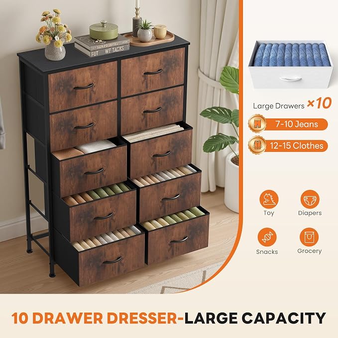 Sweetcrispy 10 Drawer Fabric Dresser Storage Tower with Bins, Tall Chest Organizer for Bedroom Closet Hallway, Steel Frame Wood Top Easy Pull Handles,Black-Brown - Image 5
