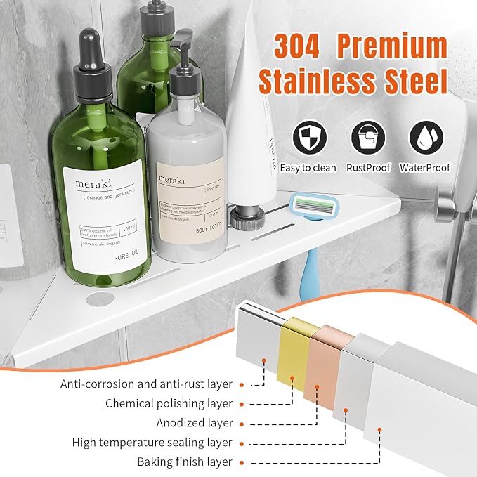 Corner Shower Shelf with Razor Hole, Rustproof Stainless Steel Shower Organizer, No Drilling Tile Shower Shelves, Modern Bathroom Shelf for Tile Wall, Grout in Shelf for Bathroom 2-Pack, 10" - Image 4