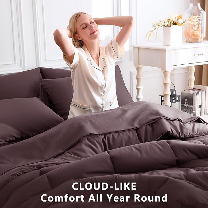 CozyLux Full Size Comforter Set Cocoa Powder, 7 Pieces Bed in a Bag, Brown Comforter Full Size, All Season Bedding Sets with Stitch Quilted Comforter, Flat Sheet, Fitted Sheet, Pillowcases
