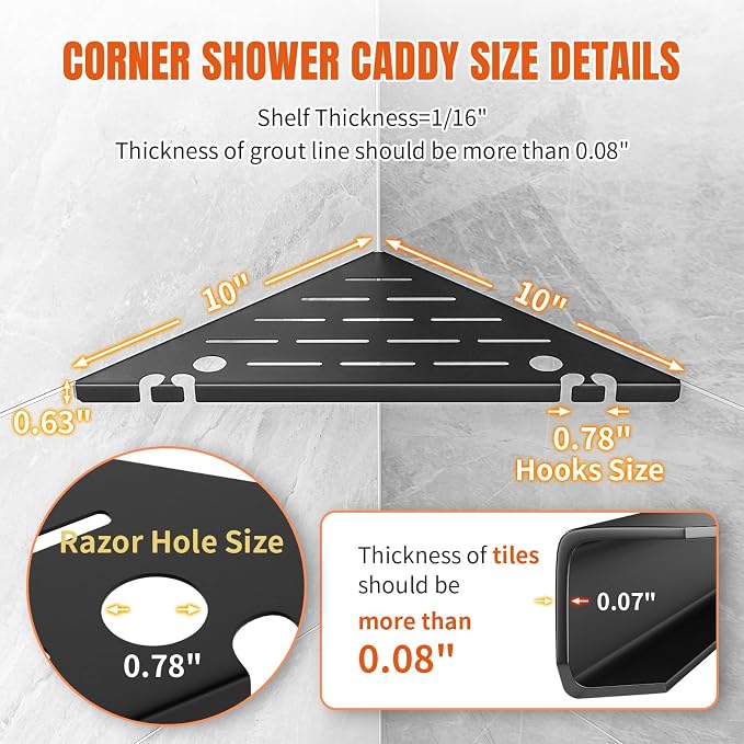 Permanent Tile-in Corner Shower Shelves with Hooks, Modern 304 Stainless Steel Shower Caddy for Bathroom Renovation & Hotel, Heavy Duty No-Drill Grout Mount Organizer for Tile Wall,10", 2 Pack - Image 2
