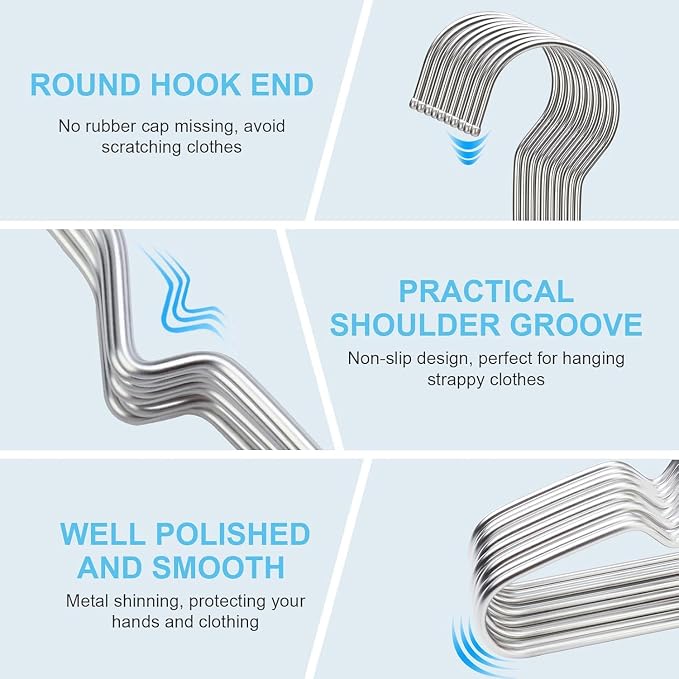 Hangers 20 Pack Coat Wire Hangers Heavy Duty Stainless Steel Clothes Hanger with Non Slip Grooves, 16.5 Inch Ultra Thin Metal Hangers Space Saving Clothing Hanger Silver - Image 3