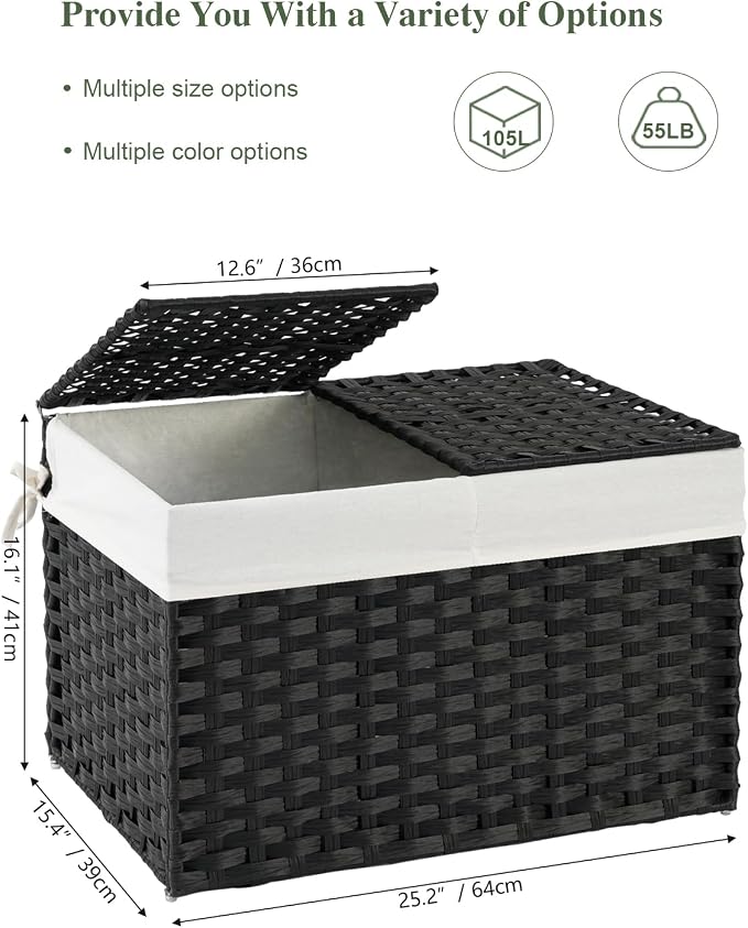 SETVSON Storage Basket with Lid Rattan Storage Basket with 2 Separate Lid, 27.8 Gallon (105 L) 25.2 * 15.4 * 16.1 Inches Woven Wicker Baskets with 2 Liners and Handles for Bedroom Laundry Black - Image 2