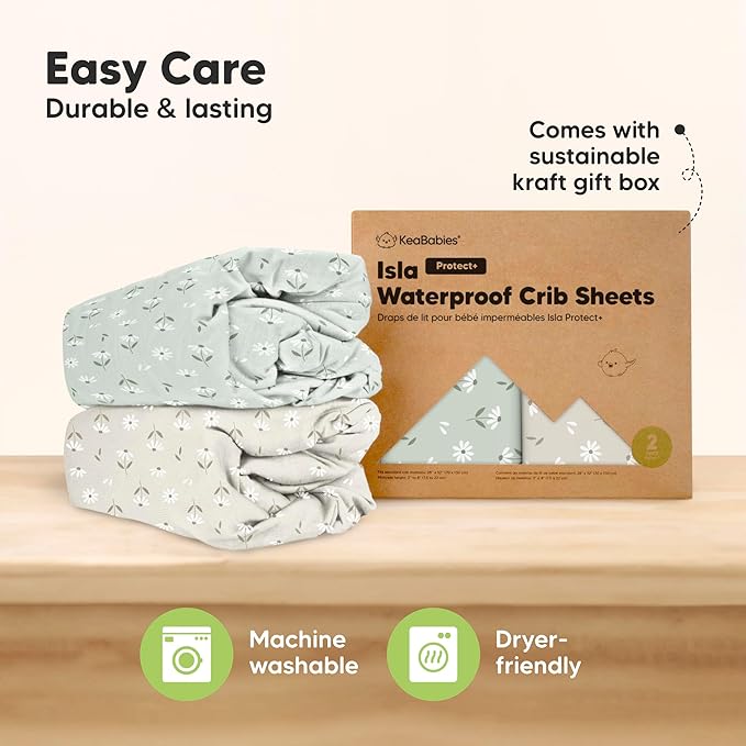 2-Pack Waterproof Baby Crib Sheets for Boys, Girls - 52x28 Viscose Derived from Bamboo Toddler Bed Sheet Neutral, Fitted Crib Mattress Protector Cover for Baby Bedding, Soft & Gentle (Daisies)