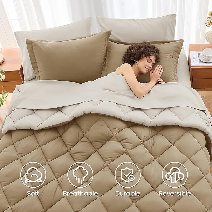 MUXHOMO 7 Pieces Full Comforter Set, Reversible Bed in a Bag Full Size, All Season Bedding Set with Comforter, Flat Sheet, Fitted Sheet, Pillowcases & Shams, Khaki & Linen