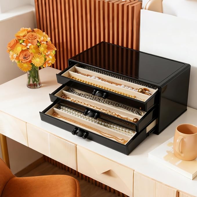 YUFONG Necklace Holder Organizer, Dustproof Necklace Box Velvet Necklace Organizer Box with Lid Clear Acrylic Dustproof Stackable Jewelry Displays for Necklaces Chain Display (Black Beige, 3 Drawer) - Image 4