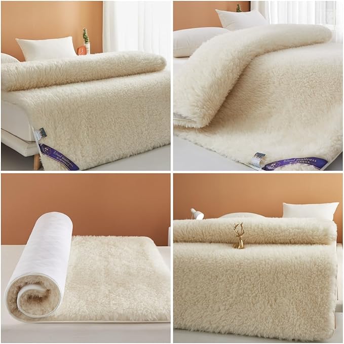 Wool Fleece Fitted Mattress Cover Pad with Straps - Breathable Lamb Folding Wool Mattress Protector Pure Wool Bed Topper Pure White Mattress(47 * 79")