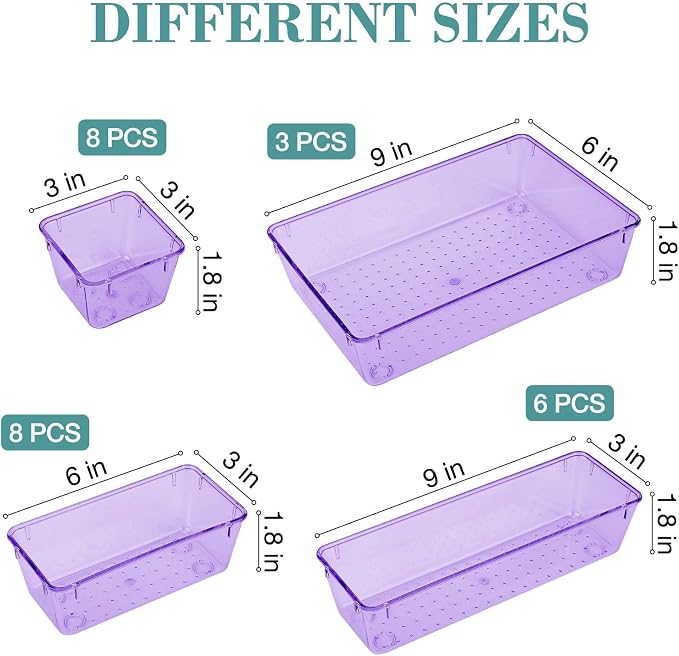 StorMiracle 25 PCS Drawer Organizer Set, 4 Varied Size Bathroom and kitchen Drawer cabinet organizer Trays, Clear Storage Bins for Makeup, Jewelry, Utensils and Gadgets， Purple - Image 2