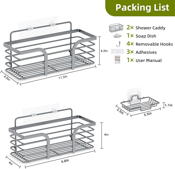 Yougai Shower Caddy, Shower Organizer with Soap Holder and Hooks, Rustproof Shower Shelves, No Drilling Bathroom Organizers and Storage, Wall-Mounted Kitchen & Home Decor (Dark Gray) - Image 2