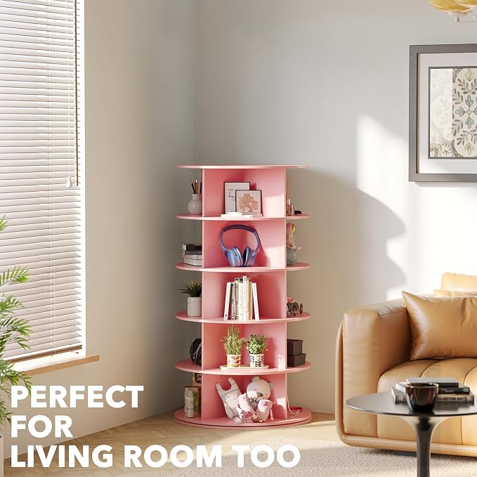 SpaceAid 5 Tier Rotating Shoe Rack Tower, Spinning Shoe Display Lazy Susan, Revolving 360 Shoe Rack Storage Round Carousel, Vertical Handbag Rotate Shoes Closet Organization (5-Tier Pink) - Image 6