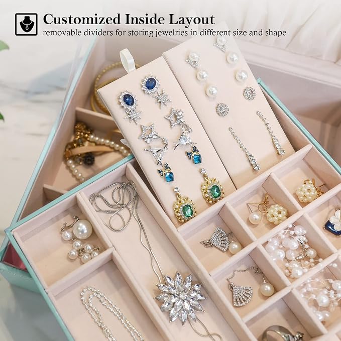 ProCase Jewelry Box for Women, 2 Layers Large Leather Jewelry Organizer Storage Case with Removable Pad for Earrings -Mint - Image 3