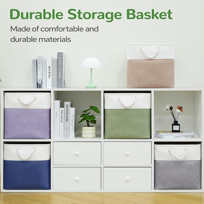 12 x 12 Inch Cube Storage Bins, 4 Pack Fabric Storage Basket with Handles, Foldable Boxes Organizer for Shelf Baskets for Home, Clothes (White/Green) - Image 6