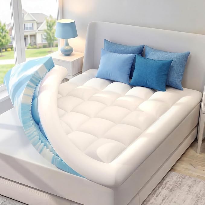 SINWEEK Dual Layer 4 Inch Memory Foam Mattress Topper, Twin Size, 2 Inch Cooling 5-Zone Gel Memory Foam Plus 2 Inch Extra Thick Pillowtop Cover, Pressure Relieve Soft Mattress Pad，Light Blue