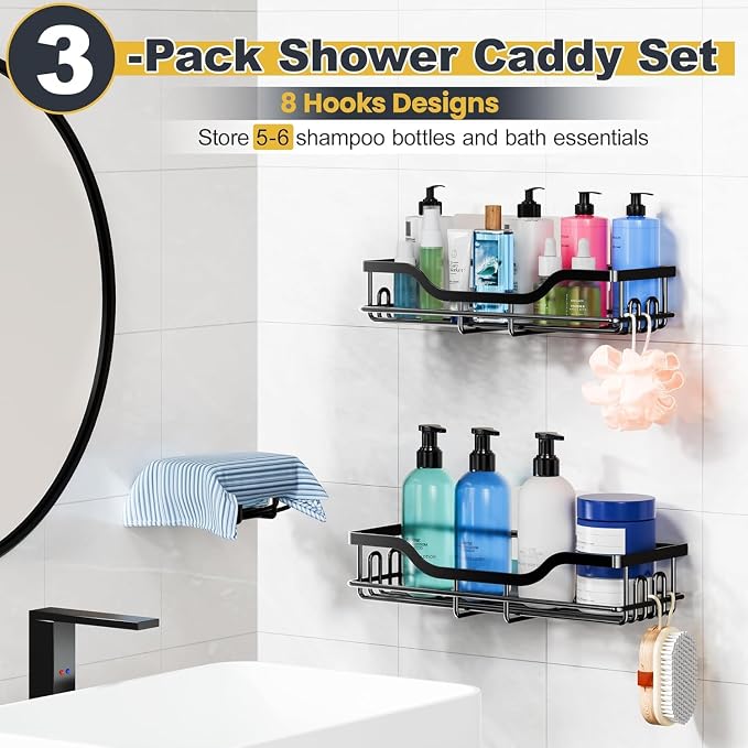 OMAIRA 3-Pack Shower Caddy with Soap Holder, Adhesive Rustproof No-drill Strudy Loading Inside Shower Organizer Shelves Rack Storage Bathroom Organization for Smooth Wall Glass Tile, Black (Large) - Image 3