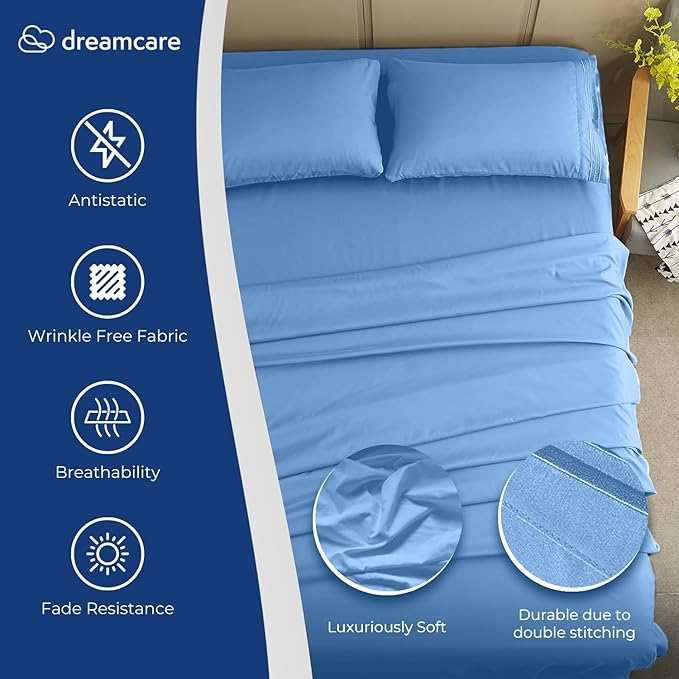 DREAMCARE Twin XL Sheet Sets - 4 pcs Breathable Cooling Bed Sheets - up to 15" Deep Pocket Twin XL Sheets Set with Side Pockets -Extra Soft 100% Brushed Hypoallergenic Hotel Luxury Bedding -Light Blue