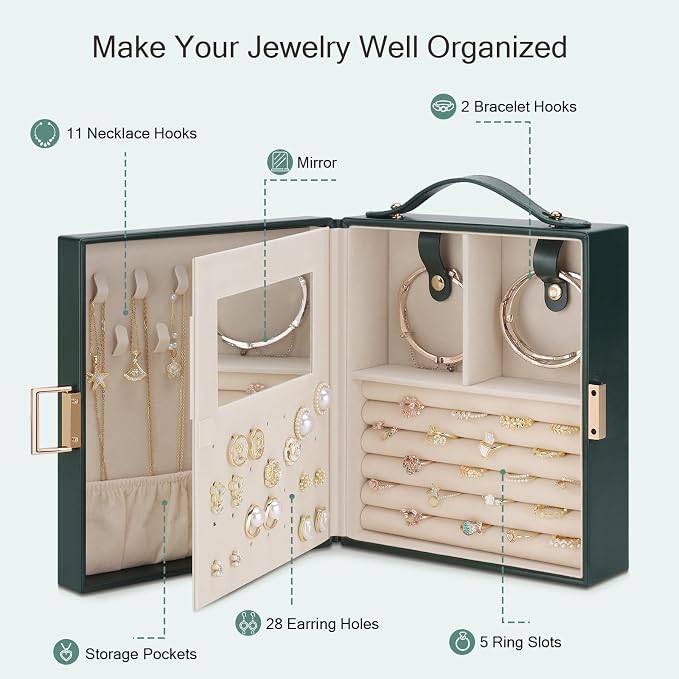 DesignSter Travel Jewelry Case for Woman, Portable Jewelry Travel Box with Mirror, PU Leather Small Jewelry Organizer with Handle for Rings Earrings Bracelets Necklaces(Dark Green & Brown) - Image 2