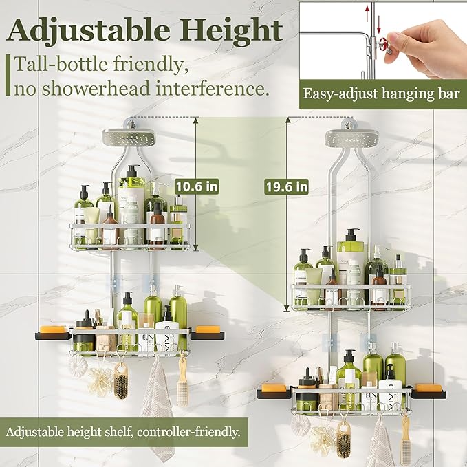 Skyapex Shower Caddy Hanging: Adjustable Height, Rustproof Shelves with Hooks, 2 Soap Holders - Silver Shower Organizer Over Showerhead - Image 2