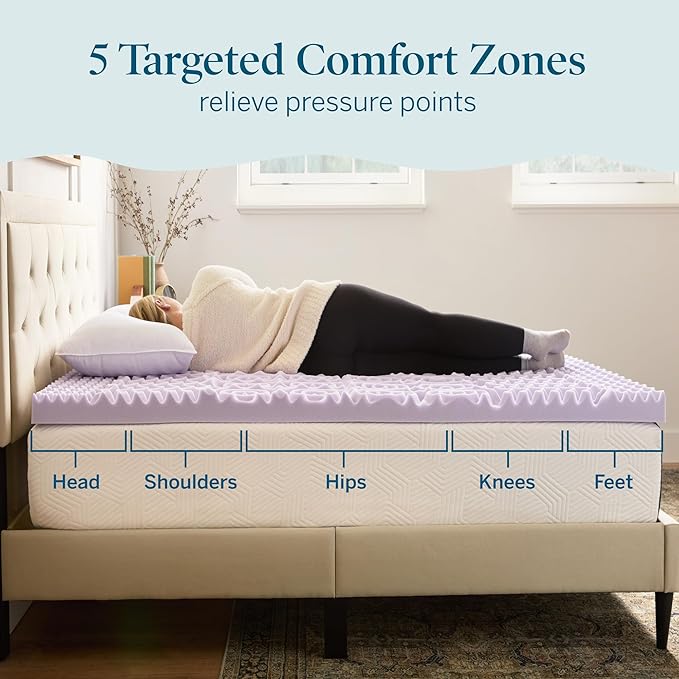 LUCID Lavender Infused 3 Inch Memory Foam Mattress Topper with 5 Zones – Twin Size – Plush Feel – CertiPUR Certified – Dorm Room Essentials