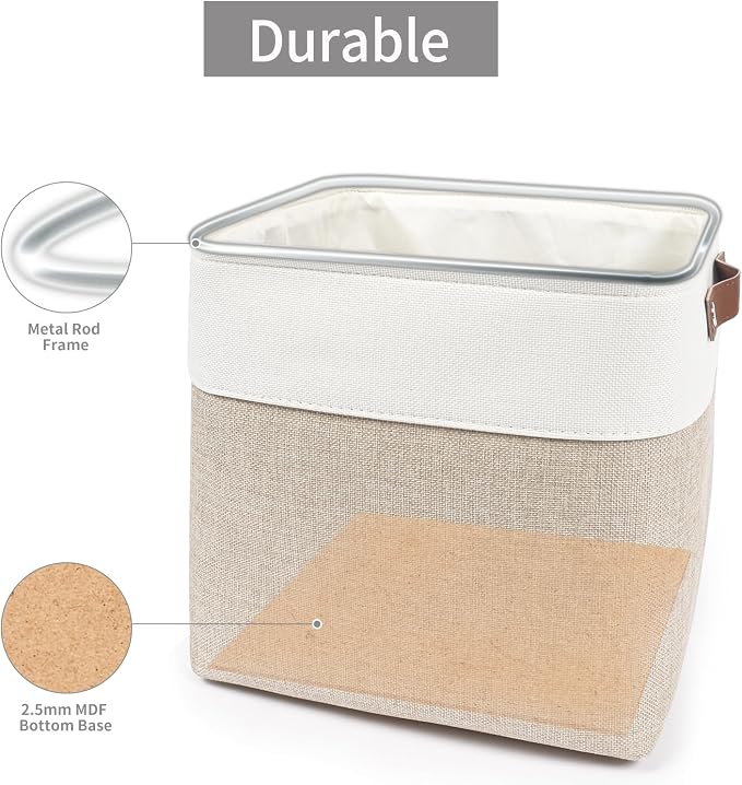Bagnizer Collapsible Fabric Storage Cubes 11x11 Cube Storage Bins, 4 Pack Closet Baskets Box with Handles for Organizing, Shelf, Toys, Clothes, Home, Office, Nursery (Beige&White) - Image 6