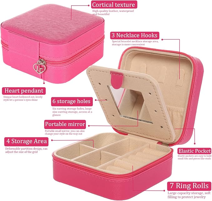 KElofoN Travel jewelry case Travel jewelry box Travel Jewelry Organizer Small Jewelry Organizer Box Gift for Girls Women with Mirror(Rosy) - Image 3