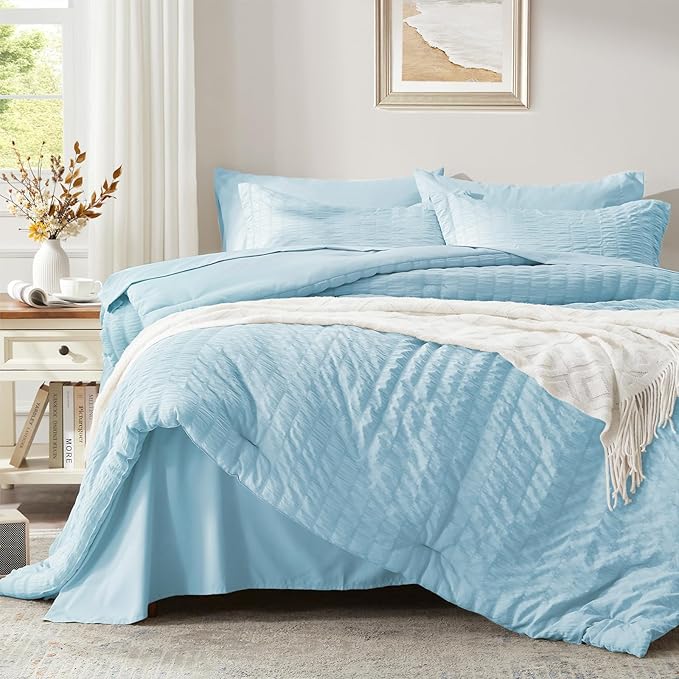 Zzlpp Queen Comforter Set 7 Pieces, Light Blue Seersucker Bed in a Bag with Comforter, Pillow Shams, Pillowcases, Flat Sheet, Fitted Sheet