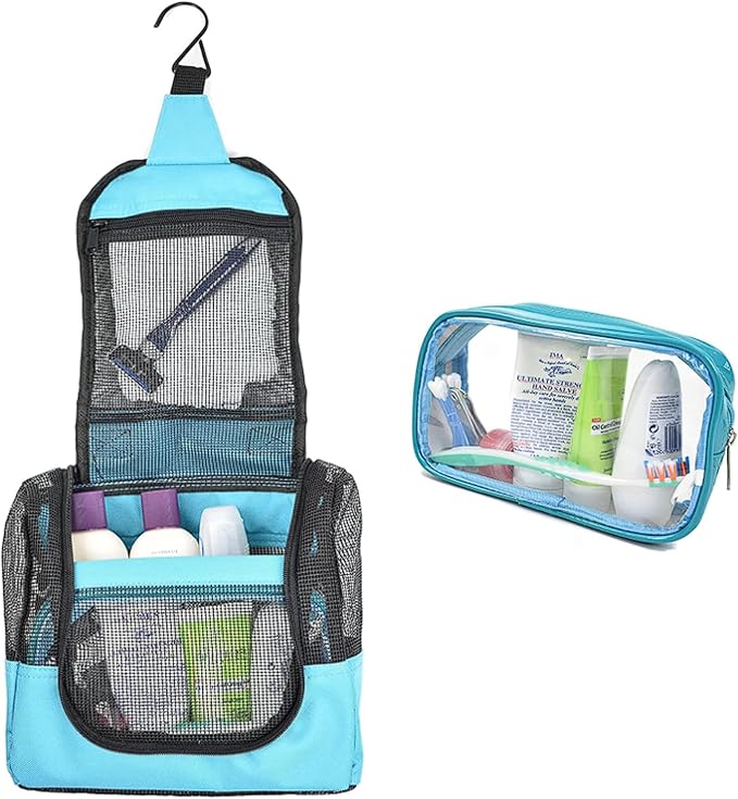The Fine Living Co. Portable Hanging Shower Caddy Organizer Bag (Free Toiletries Case+Metal Hook) Quick Dry Mesh Shower Caddy Tote Bag Pouch For Bathroom College Dorm Camp Gym Camping 10”x4”x8”(Aqua) by TheFineLivingCompany