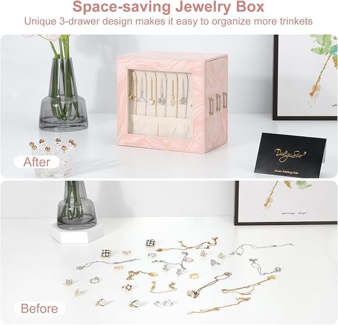 DesignSter Jewelry Box Organizer, Jewelry Box for Women, PU Jewelry Organizer Display Case with Side Drawers, Jewelry Storage for Earring Necklace Ring Bracelet Watch - Image 5