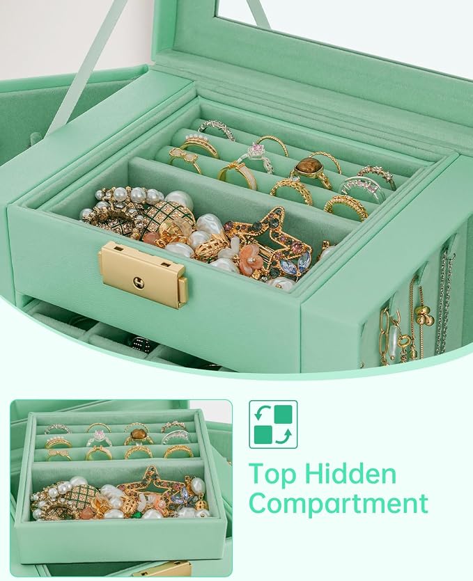 AKOZLIN 4-Tier Jewelry Box Leather Jewelry Storage Organizer with 3 Drawers Lockable for Women Girls Ring Necklace Earring Bracelet Holder with Mirror - Image 3