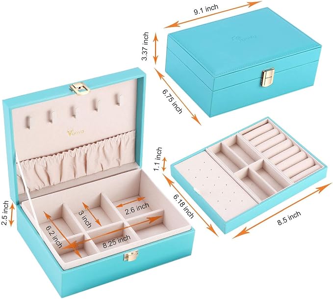 Voova Jewelry Box Organizer for Women Girls, 2 Layer Large Men Jewelry Storage Case, PU Leather Display Jewellery Holder with Removable Tray for Necklace Earrings Rings Bracelets, Gift, Teal/Lake Blue - Image 6