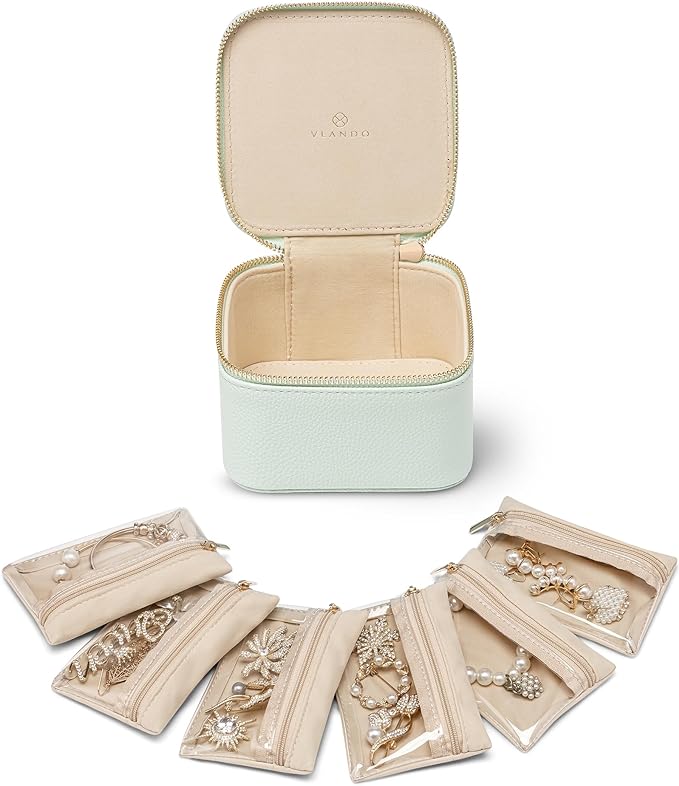 Vlando Jewelry Travel Case,Travel Jewelry Organizer with Clear Velvet Jewelry Bags 6Pcs Zipper Pouch for Women Girl Gift-Mint Green by VLANDO