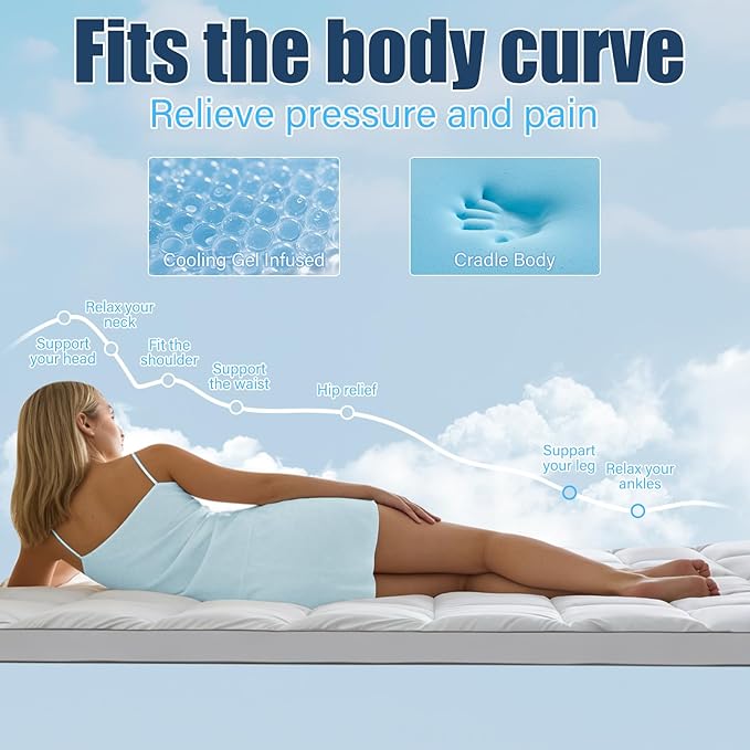 4 lnch Dual Layer Mattress Topper Full Size, 2 Inch Cooling Gel Memory Foam and 2 Inch Soft Pillow Top Mattress Pad Cover for Back Pain, with Elastic Deep Pocket