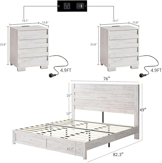 LUXOAK 3 Pcs Bedroom Furniture Sets, Farmhouse King Size Bed Frame with 49" Tall Headboard and Nightstand Sets of 2 with Charging Station, Slated Handles & Stainless Steel Feet, Distressed White