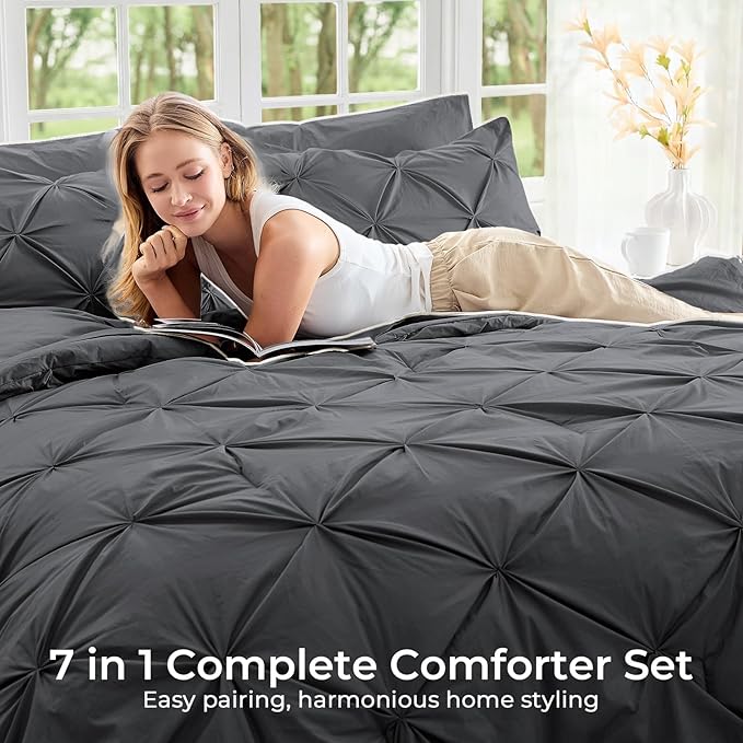 Sasttie Full Size Comforter Set, 7-Piece Bed in a Bag, Pintuck Bedding Sets for All Season, Includes Comforter, Flat Sheet, Fitted Sheet, Pillowcases and Pillowshams, Dark Grey