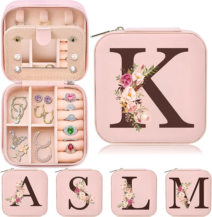 Inngeroo Christmas Gifts for Mom from Daughter Son, Personalized Birthday Giftware for Women, Mother Day Mom Gifts Small Travel Jewelry Box Travel Jewelry Organizer with Mirror, Initial K by Inngeroo