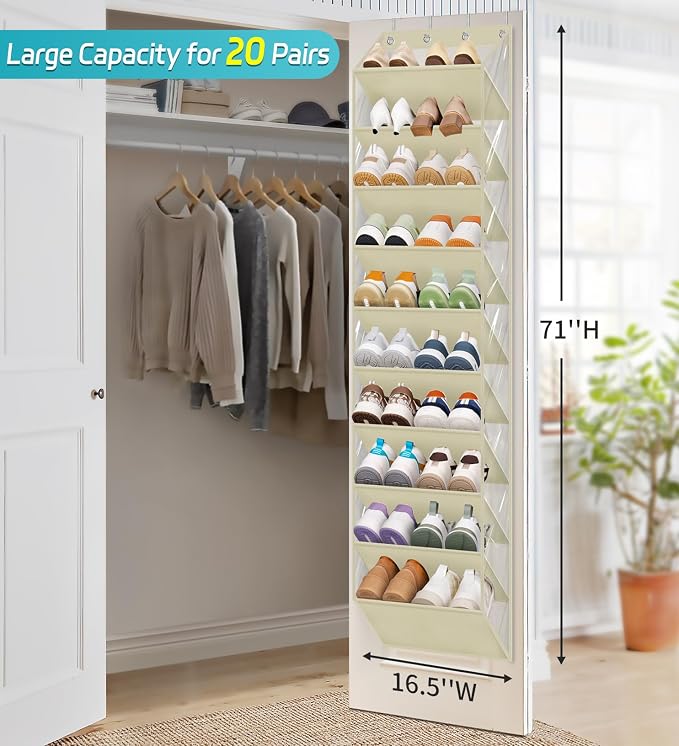 AOODA 10 Tier Clear Over the Door Shoe Organizer Storage, Deep Pockets Large Hanging Shoe Rack for Closet Door, Fit 20 Pairs Shoe Holder Hanger for Sneakers, Boots (Deep beige) - Image 2