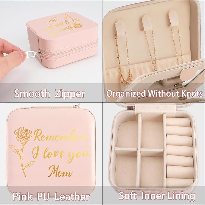 Mom Gifts Remember I Love You Mom Pink Jewelry Box Valentines Christmas Mothers Day Gifts for Moms from Daughter Son Kids Easter Birthday Gift for Moms PU Leather Portable Travel Jewelry Case - Image 4