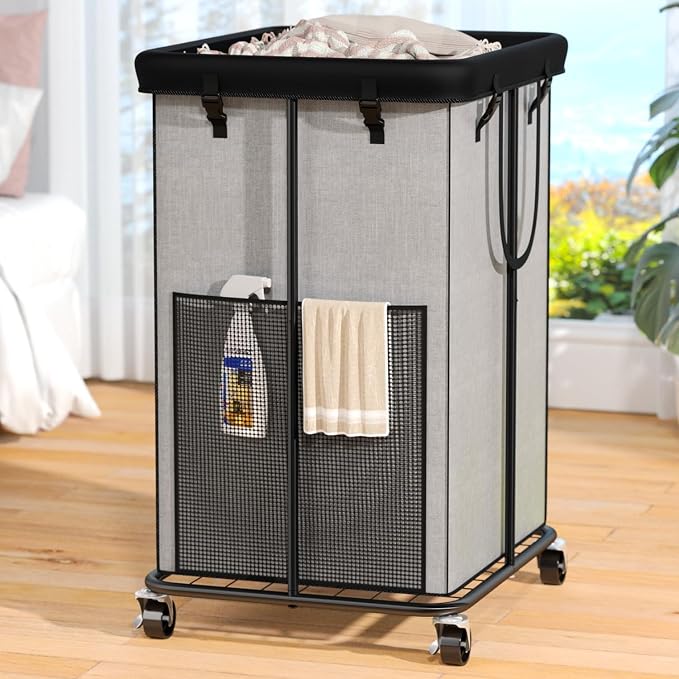 150L Laundry Hamper with Wheels, Rolling Laundry Basket with Metal Frame and Removable Bag, Large & Tall Dirty Clothes Hampers for Bedroom Aesthetic, Laundry Room, Bathroom, Dorm-Grey by OLLDIDE