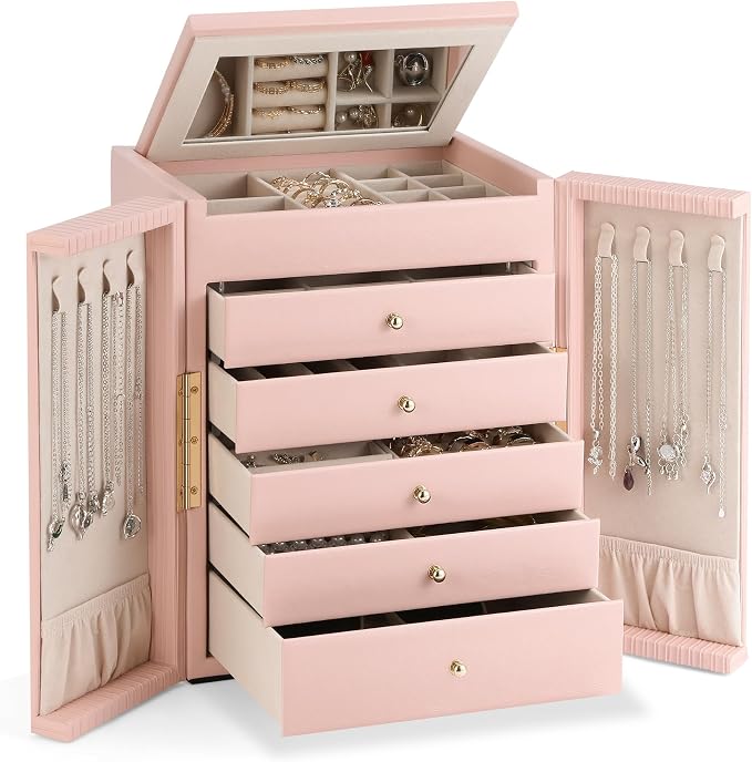 Dajasan Jewelry Box for Girls Women, 6-Tier Large Jewelry Organizer Box, Jewelry Storage Organizer, Jewelry Gift Box for Christmas, Valentine's Day, Birthday, Mother's Day (Pink) by DAJASAN